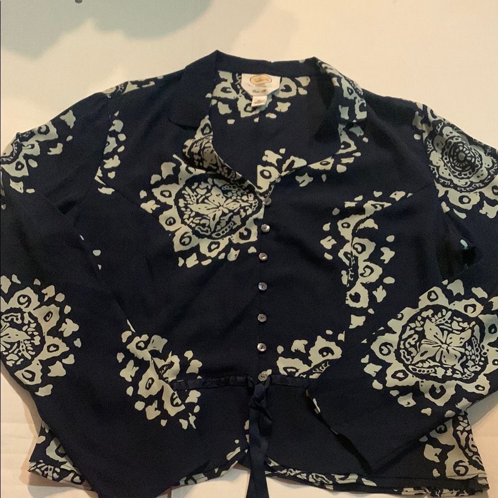 Navy and Cream Talbots Silk Patterned Button-Up Blouse